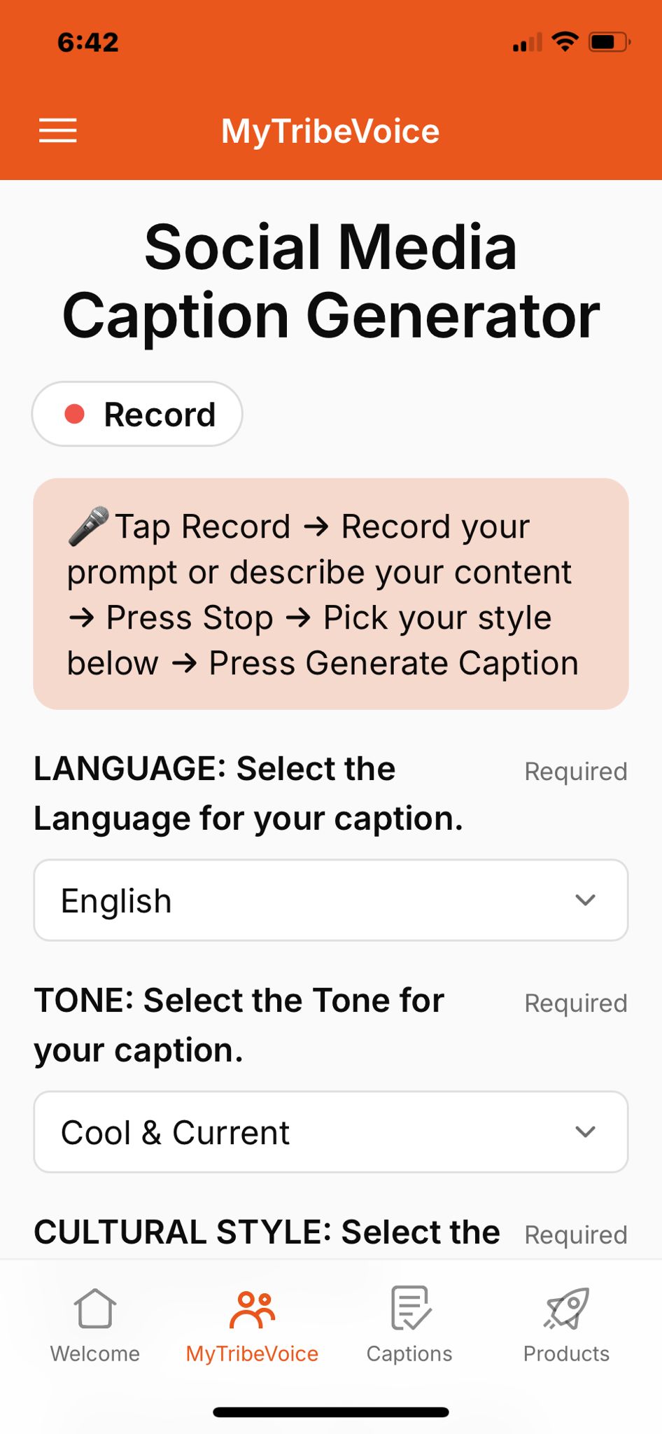 MyTribeVoice Caption Generator Interface